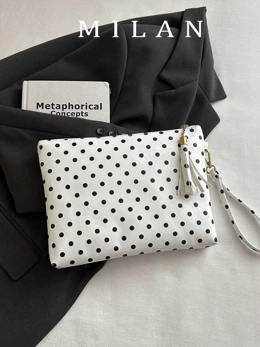 Large Capacity Tassel Pendant Polka Dot Shiny Clutch Bag - White - View 1
