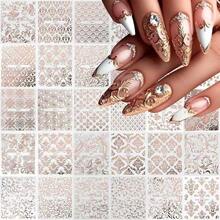 Adesivos de Arte de Unhas em Relevo Floral 3D Europeu, Decalques de Unhas com Design de Videira Floral em Renda Ouro Rosa Autoadesivos, Decoração Geométrica Assimétrica com Glitter, Decoração de Arte de Unhas Floral Primavera/Verão, Adequado para Mulheres e Meninas - Rosa ouro - Visão 2