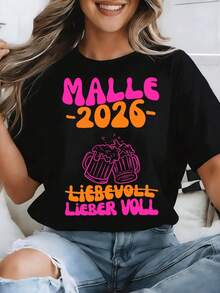 Vintage Femme T-Shirt "Malle 2026 Lieber Voll" Beer Print, 100% Cotton Crew Neck Short Sleeve, Summer Top - Black - View 1