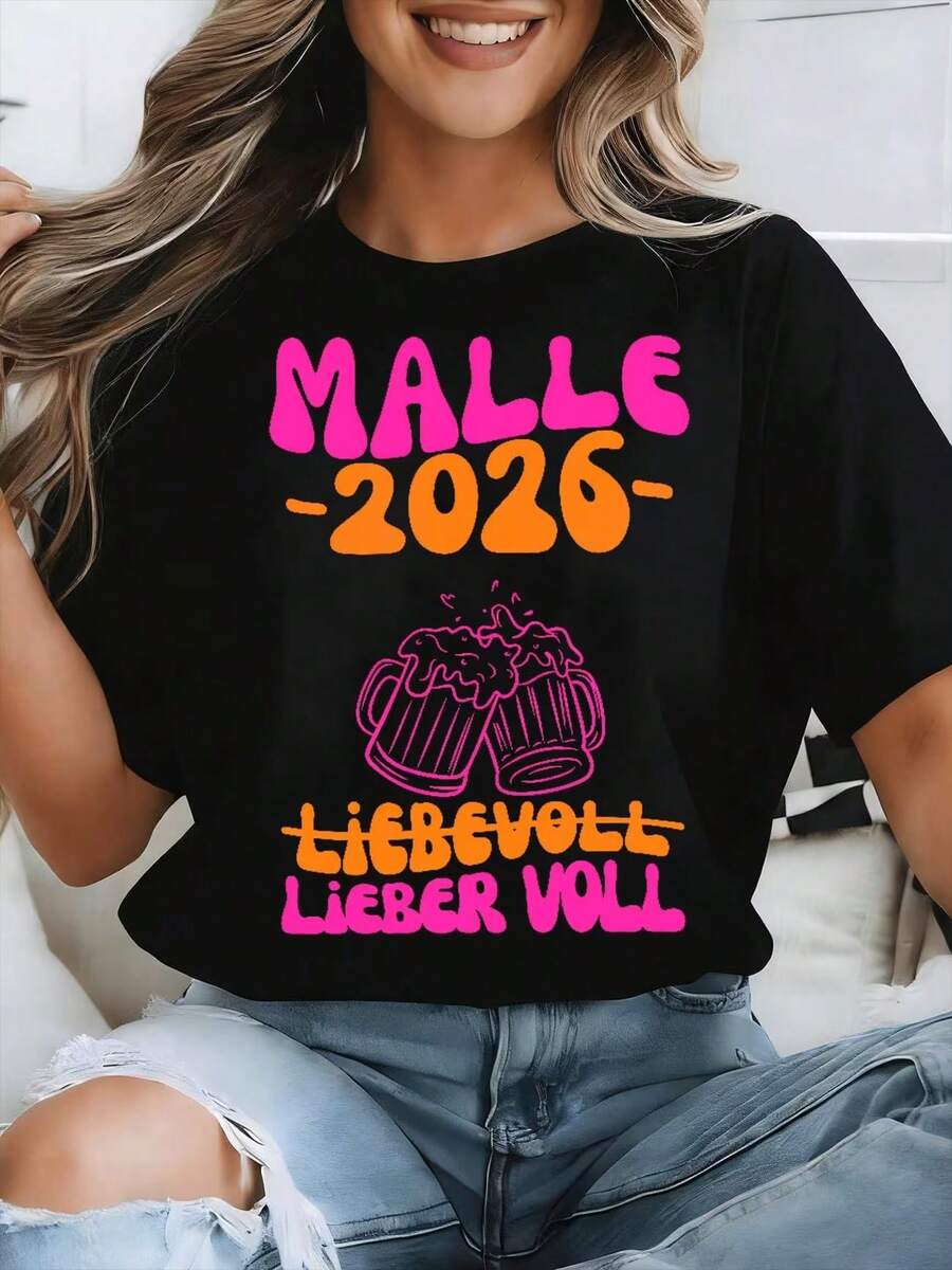 Vintage Femme T-Shirt "Malle 2026 Lieber Voll" Beer Print, 100% Cotton Crew Neck Short Sleeve, Summer Top - Black - View 1