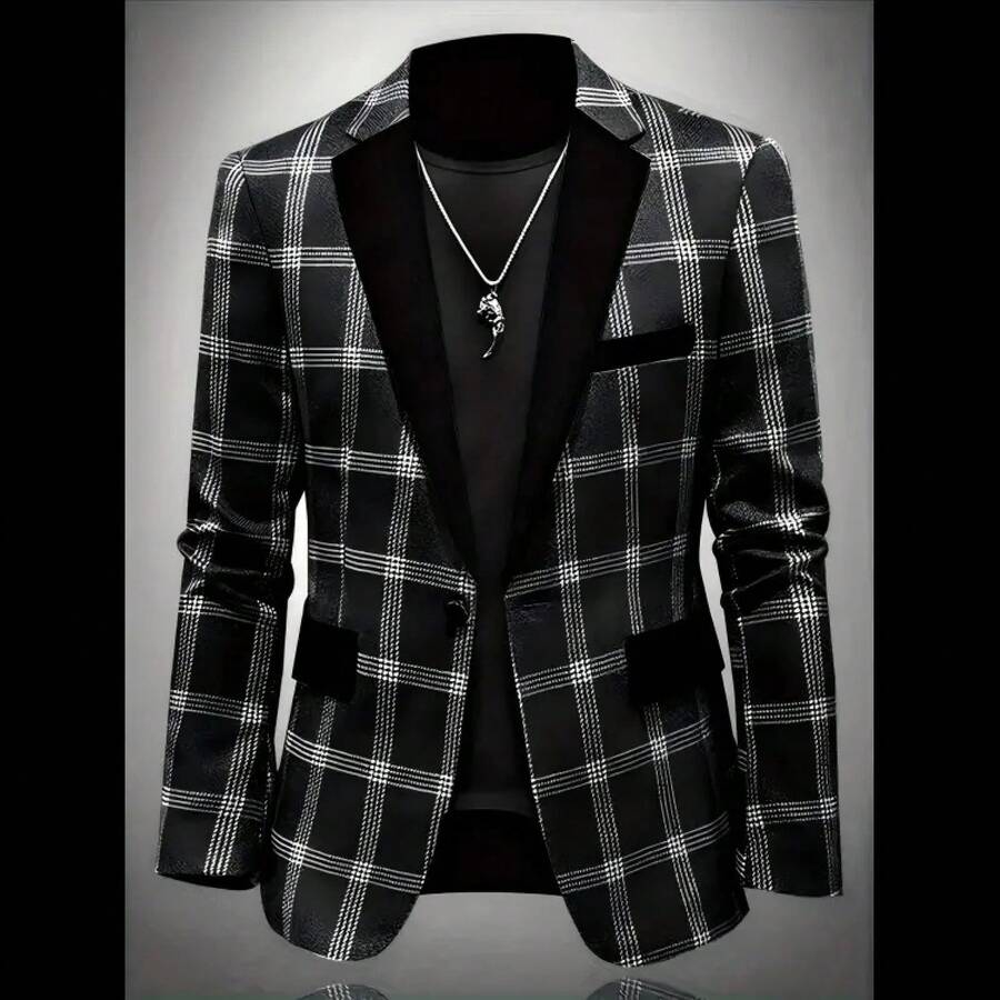 Men's Fashion Plaid Slim Fit Blazer, Button Closure, Long Sleeve, Regular Length, Casual Style Menswear Suits Formal Wetsuit Business Casual Outfits Checked Navy Blue - 黑色 - 查看 1