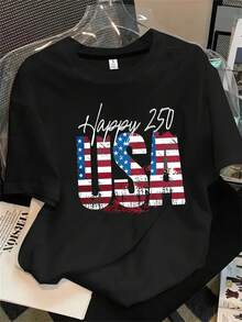 Top de mujer de manga corta y cuello redondo con estampado en los colores de la bandera estadounidense, apto para todas las estaciones. - Negro - Ver 1