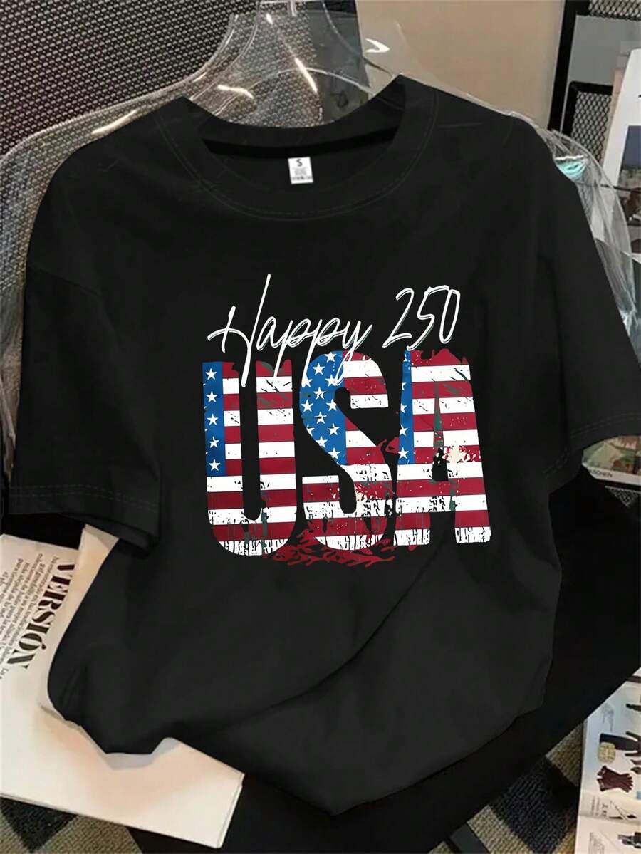 Top de mujer de manga corta y cuello redondo con estampado en los colores de la bandera estadounidense, apto para todas las estaciones. - Negro - Ver 1