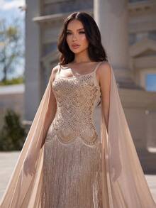 Modphy Gaun Maxi Wanita Seksi Tanpa Lengan dengan Pita Chiffon yang Dapat Dilepas dan Hiasan Rhinestone, Gaun Pesta Malam Formal, Gaun Pengikat, Gaun Pernikahan. - Aprikot - View 5
