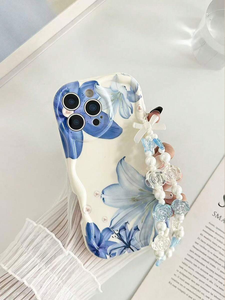 奶油色紋理波浪邊花卉彩繪防震手機殼，附珠鏈腕帶，適用 17pro/17Air/17/17promax/16/11/16pro/16plus/16promax/16e/15Promax/13/14/12/XS/XR/7G/8P, Galaxy A27/A37/A57/S25/S25PLUS/S25 Ultra/A16/A36/A26/A56/A50/A12/A32/A52/A72/A51/A21S/A13/A14/S24/S24PLUS/S24Ultra, S22/A52/A53/A54/A55S23 11/12Pro/12/12X/13Pro/14Pro/15Pro 10/9/Note9/12c/Note11pro/Note8Pro