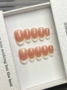 10片手工橢圓形壓克力短款穿戴甲，粉色與杏色法式邊簡約夏季DIY假指甲，適合女性與女孩，派對、日常、約會、辦公室、度假，美甲禮物 - 杏色 - 查看 2