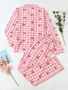 2pcs Women's Pajama Set, Minimalist Plaid Bow Print Long Sleeve Lapel Top And Long Pants Casual Sleepwear Loungewear Set - Red - View 2