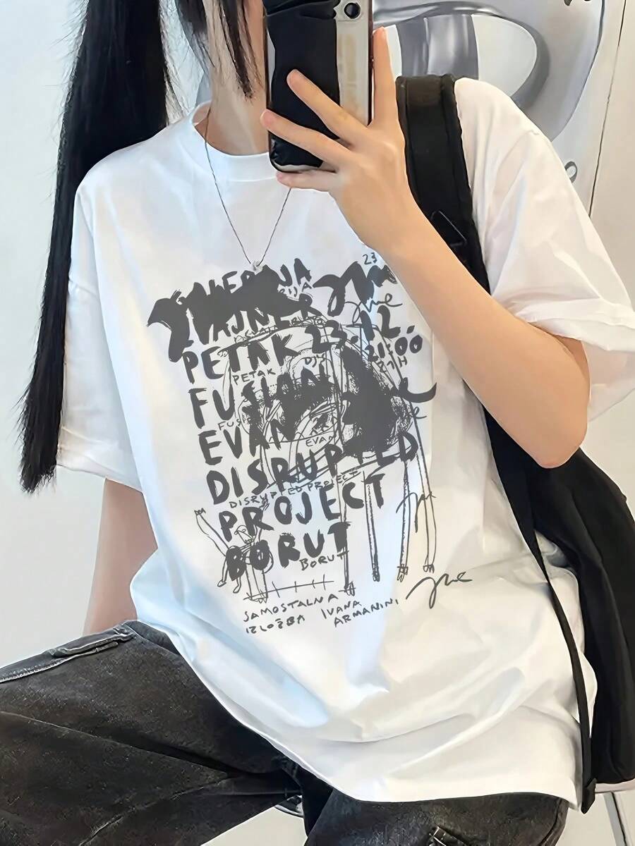 Camiseta de manga corta con estampado de letras Y2K para mujer, top holgado de estilo Ins para verano - Blanco - Ver 1