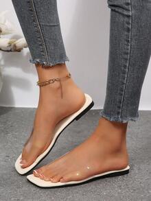 女款方頭平底拖鞋，金屬豹頭裝飾，一腳蹬時尚沙灘鞋，夏季新款優雅休閒百搭平底涼鞋 - 米色 - 查看 4
