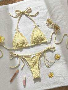 Conjunto de bikini de camisola de tela de encaje texturizado con estampado floral amarillo de moda de verano para mujer, Bottom triangular con lazo lateral, tela de encaje texturizado, estilo dulce y picante de moda, adecuado para vacaciones en la playa, fiesta de trajes de baño, verano - Multicolor - Ver 4