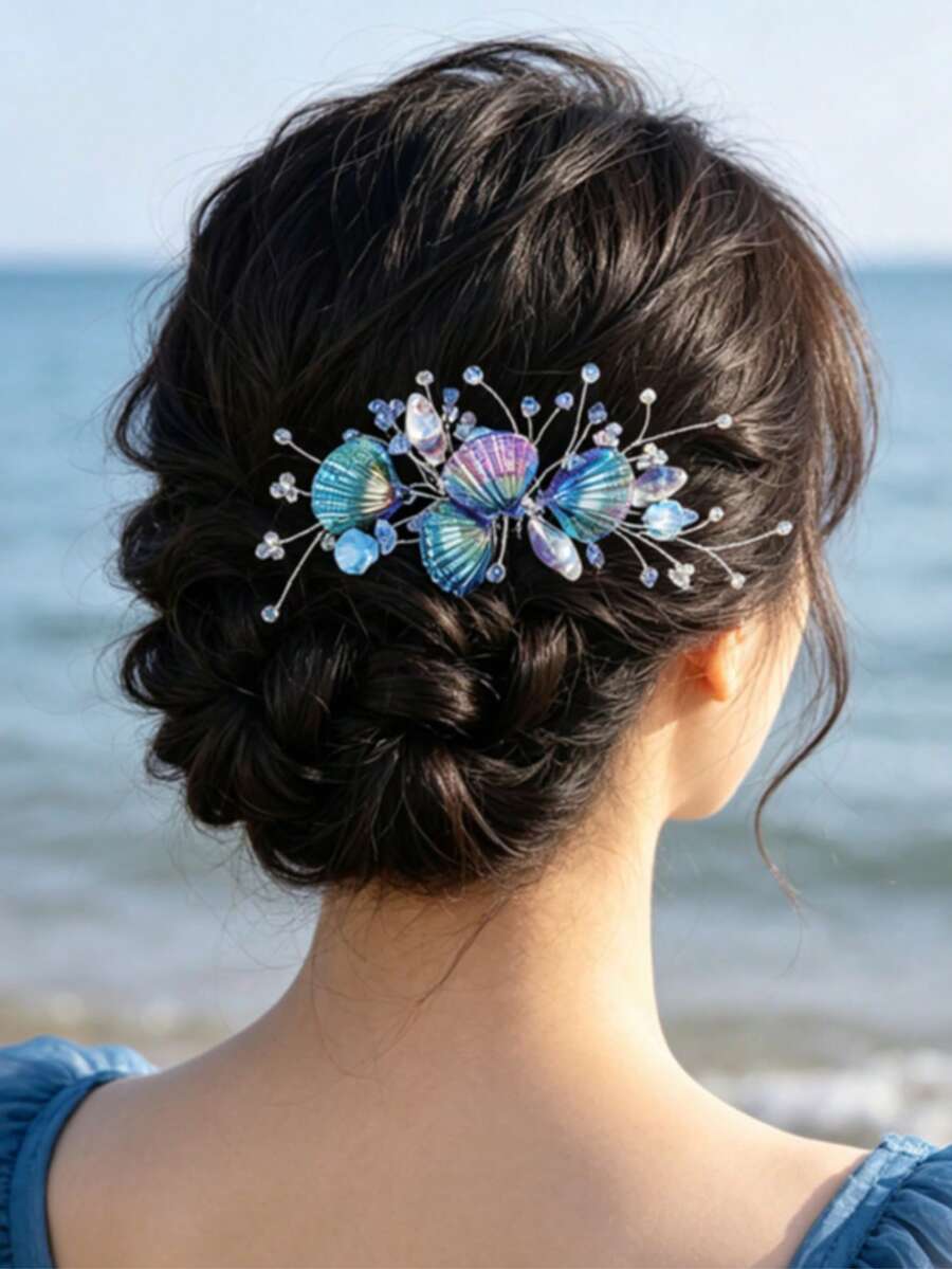 美人魚公主的隱藏寶藏 | 藍紫色虹彩貝殼髮飾,為海灘婚禮營造柔和氛圍 - 彩色 - 查看 1