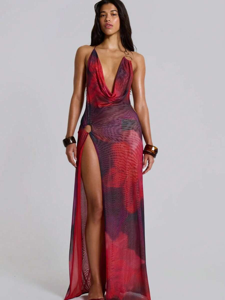 New Halter Dress With Metallic Hoop And Open Cut - 紅色 - 查看 1