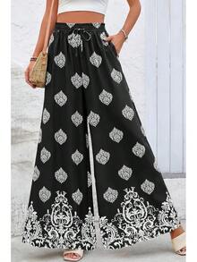 [Free Shipping]Women Wide Leg Pants Casual High Waist Floral Palazzo Pants For Women Flowy Lounge Boho Beach Trousers Pockets Women's Wide Leg - 黑色-1 - 查看 6