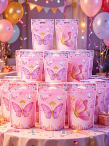 25个粉色和紫色蝴蝶造型礼品袋，蝴蝶花礼品袋，蝴蝶生日派对回礼袋，蝴蝶袋，女孩生日派对糖果袋，蝴蝶主题派对礼品包装袋，婚礼装饰手提袋，婴儿派对甜点袋，性别揭晓派对装饰，购物袋，烘焙饼干袋，家居装饰，生日礼物，派对回礼 - 粉紅紫蝴蝶 - 查看 3