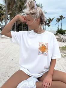 Y2K White Tops Summer Tops For Women Beach Outfits Vacation Outfits Women,New Summer 2026 Collection Women's Soleil Sun Print Cotton T-Shirt, 100% Cot - 白色 - 查看 2