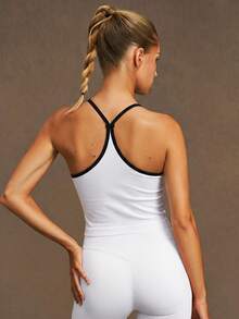 VVX Women Color Block Sweetheart Neck Yoga Crop Tank Tops Seamless Ribbed Racerback Spaghetti Straps Contrast Trim Workout Yoga Cami Sports - White - View 4