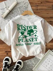 Minimalist. 100% Cotton. 1 Piece. [With Back Print][Special Edition] Short-Sleeved T-Shirt With A Round Neck And A Kinder Planet Print Featuring Letters, A Heart, And A Globe. Spring/Summer Top. - 白色 - 查看 3