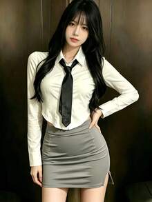 1件甜辣风学生制服套装，修身JK风格服装，适合COSPLAY、角色扮演、节日、派对、表演、舞台演出 - 包括上衣+裙子 - 彩色 - 查看 4