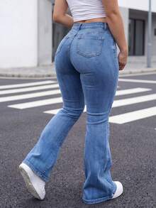 Women's Plus Size Mid-Stretch Flare Jeans, Decorated With Button And Zipper Details, Long Washed Denim Fabric, Creating A Smooth Autumn Look - Blue - View 3