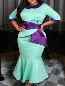 Plus Size Women's Satin Colorblock Mermaid Dress, Collared, 3/4 Sleeve, Ruffle Waist, Slim Fit, Wedding Guest, Church Event, Elegant Party Dress - Mint Green - View 7