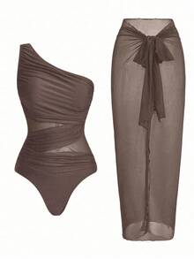 Swim Oasis One-Piece Swimsuit With Solid Color Ruched Mesh Panel And Sarong Skirt - Burgundy - View 1