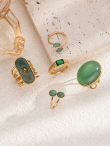 5Pcs/Set Vintage Green Gemstone Gold Plated Stackable Rings, Boho Stainless Steel Statement Jewelry For Women - Yellow Gold - View 3