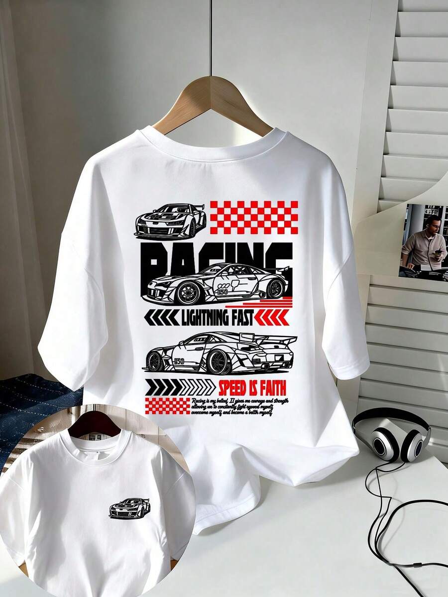 Car Racing Style Printed T-Shirt, Men's 100% Cotton Loose Fit Casual Tee, Streetwear, Summer Clothing, Comfortable For Everyday Wear, Outdoor Sportswear, Gift For Men. - 白色 - 查看 1