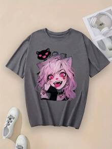Graphic Print T-Shirt, Short-Sleeved Crew Neck Top For Summer & Spring, Women's Clothing - Pink - View 6
