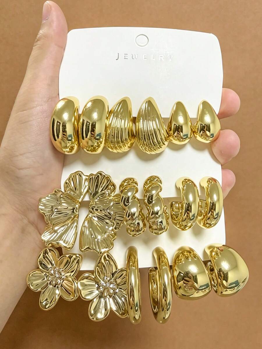 6pcs/18pcs Fashion Floral & Geometric Multi- Gold Earrings, Lightweight CCB Material, Women's Fashion Earring Set, Suitable For Daily And Holiday Wear - Multicolor - View 1