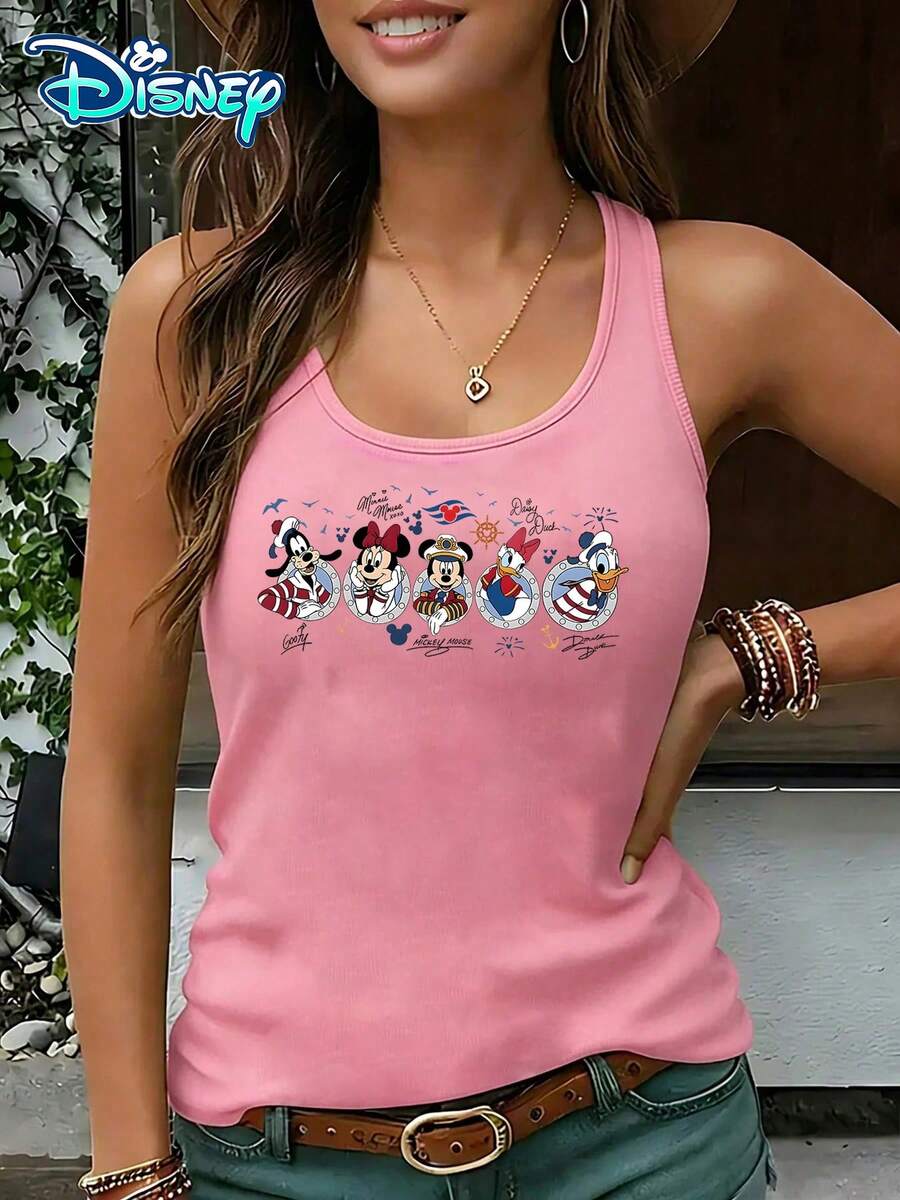 Disney Official Authorization | Women's Casual Round Neck Sleeveless Vest. With Disney Cruise As The Theme, It Is Fresh And Full Of Holiday Atmosphere With The Group Portrait Of The Role Sailor Clothes And The Ocean Element Print. It Is A Vibrant Item For Summer Outings And An Ideal Choice For Creating A Nautical Style Look. - Pink - View 1