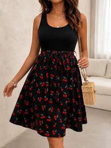 Casual Fashionable Women's Ditsy Floral Camisole Dress With Tie Waist Belt Elegant Vacation Black Summer - Black - View 5