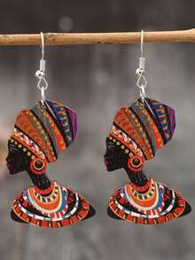 1 Pair Painted Portrait Wooden Earrings, Exotic Ear Jewelry - Multicolor - View 8