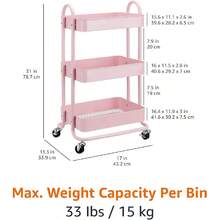 3-Tier Rolling Kitchen Cart White Rolling Utility Cart With Wheels Storage Organizer For Home Office - Dusty Pink - View 5