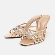 Women's Gold Strappy Square Toe Mule Kitten Heels, Metallic Slip On Dress Sandals For Party, Wedding Guest, And Vacation Outfits - 杏色 - 查看 1