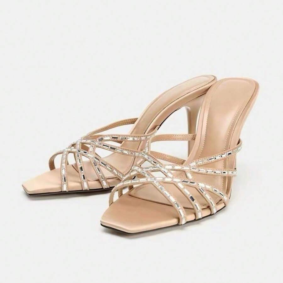 Women's Gold Strappy Square Toe Mule Kitten Heels, Metallic Slip On Dress Sandals For Party, Wedding Guest, And Vacation Outfits - 杏色 - 查看 1