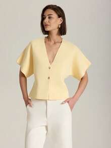 Cárdigan casual de mujer de unicolor con botones, adecuado para verano y otoño - Amarillo - Ver 4
