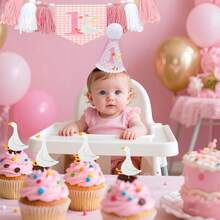 1套 1歲生日粉色格紋風帽子與橫幅套裝，鵝主題1歲生日裝飾，男孩女孩通用首週年生日裝飾，適合嬰兒1歲生日佈置、男孩生日裝飾、粉色主題生日裝飾、生日拍照道具 - 粉色 - 查看 6