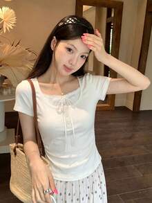 蝴蝶結 2 合 1 短袖上衣 韓系修身收腰 極簡甜美性感風 女款夏季休閒 T-shirt - 杏色 - 查看 3