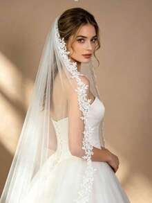 1pc Long Lace Bridal Veil With Train, Pearl Decor, Exquisite And Elegant, Wedding Dress Accessory, Bridal Headpiece - Multicolor - View 7