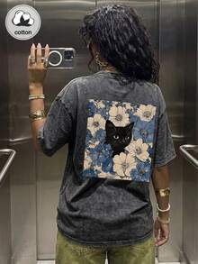 大尺碼女款休閒服，雪花圖案布料，舒適休閒上衣，復古T恤，春夏黑色衣物 - 黑色 - 查看 6