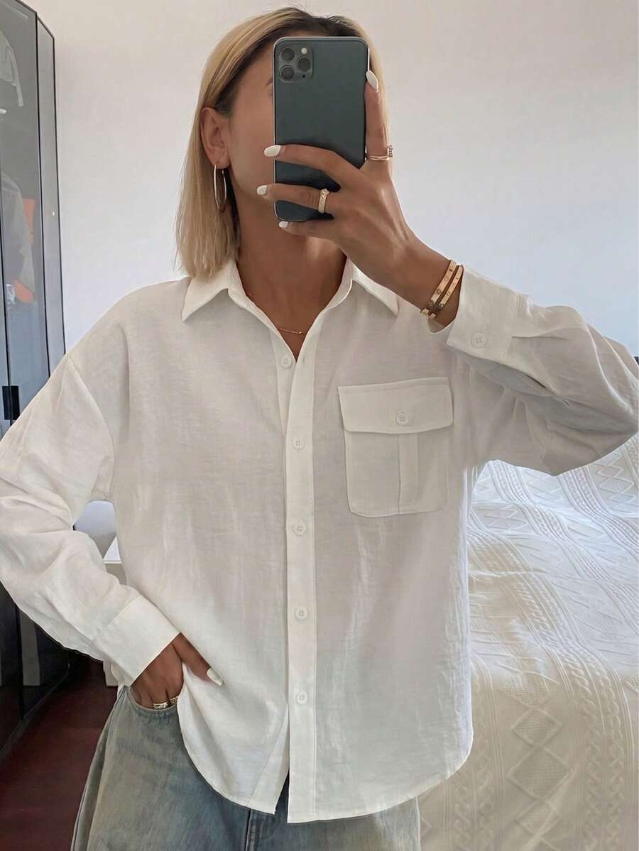 Women's Solid Color Long Sleeve Shirt, Fashionable For Summer, Loose Fit With Chest Pocket And Curved Hem, Suitable For Spring/Summer Casual, Vacation, Beach White - White - View 1