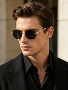 Black & Gold Frameless Fashion Unisex Glasses, Gold Chain Temples, Stylish For Men - 彩色 - 查看 1