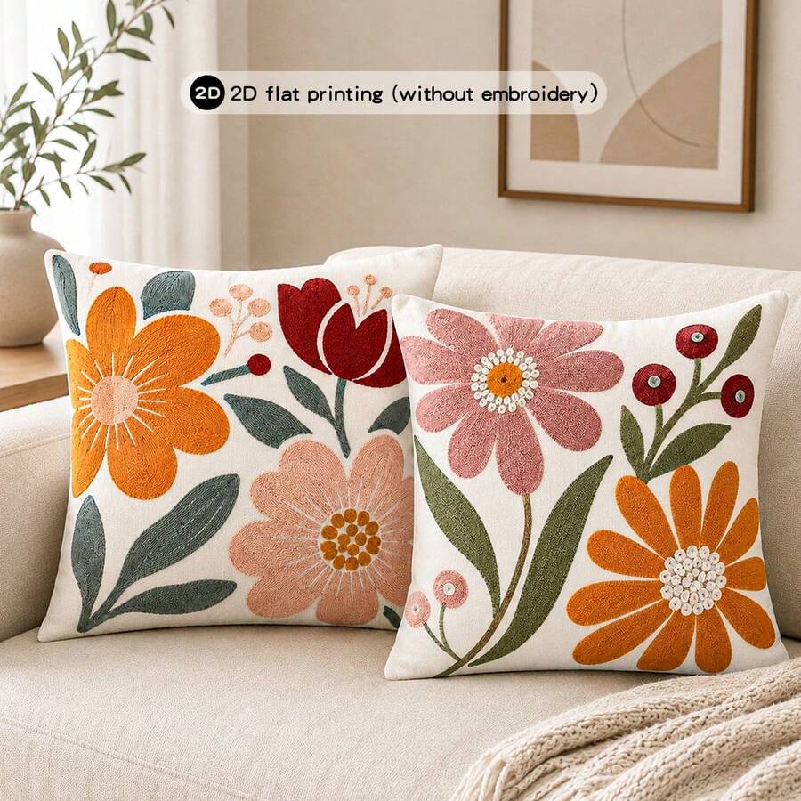 2pcs Boho Floral Print Throw Pillow Covers, Cottagecore Flower Cushion Cases, 2D Flat Printing, No Embroidery - Color - View 1