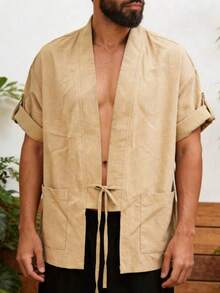 GOLDREDY 男士夏季短袖鈕扣式可調式口袋寬鬆開襟繫帶和服外套襯衫開襟衫 亞洲傳統服飾 - 杏色 - 查看 5