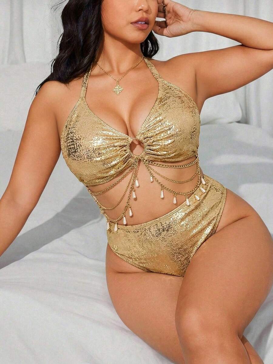 Plus Size Women's Underwire Bikini Set For Beach Vacation - Dorado - View 1