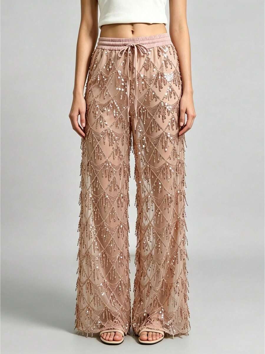 Women's Y2K Coquette Sequin Fringe Sheer Mesh Wide Leg Pants Elastic Drawstring Waist Sparkly Flowy Trousers For Rave Party Club Night Out - Pink - View 1