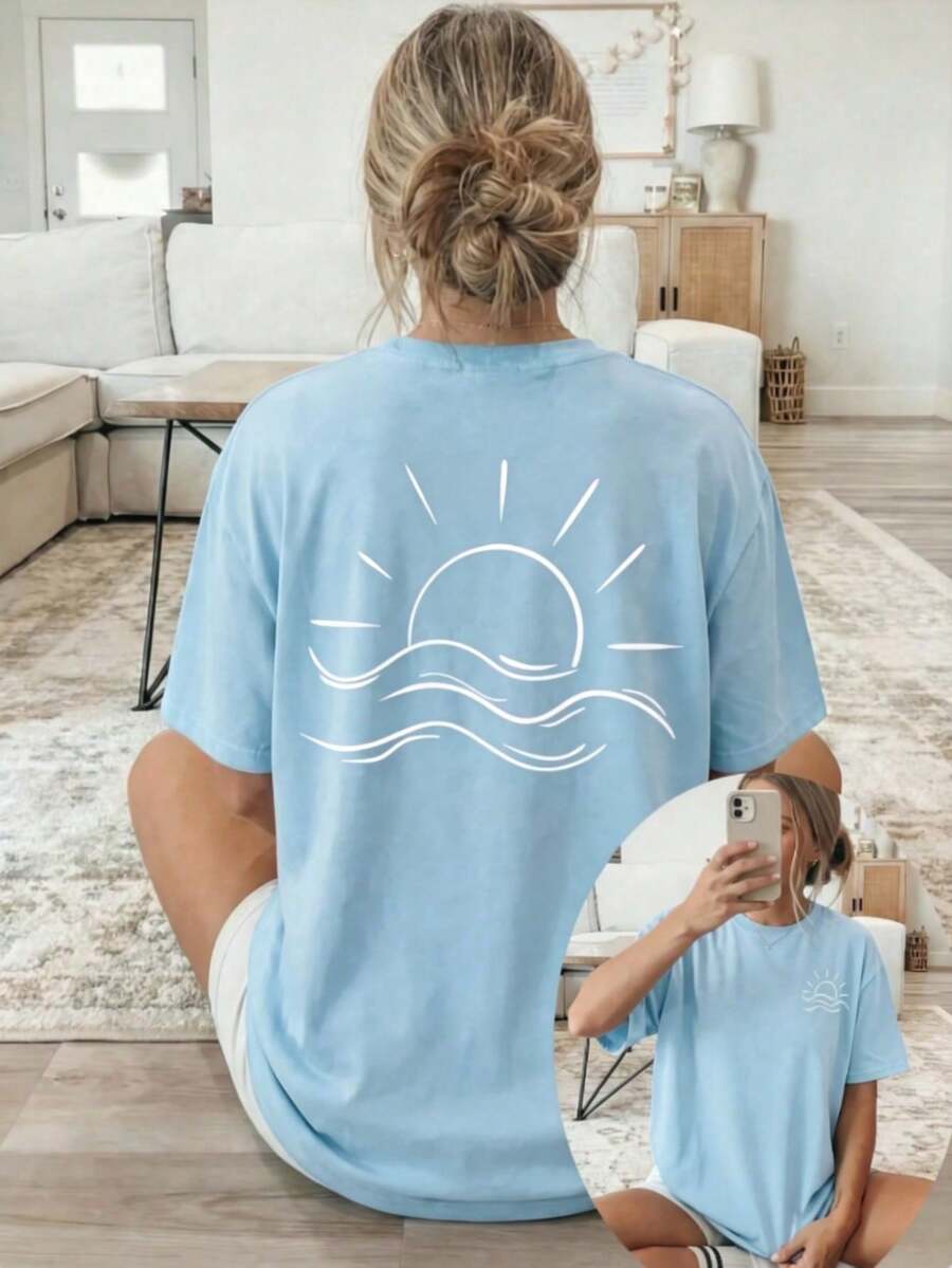 2026 New Summer Collection, [Double-Sided Print] Spring/Summer Loose Casual Women's Clothing, White Line Sun And Sea Pattern Print, Short-Sleeved Roun - 藍色 - 查看 1