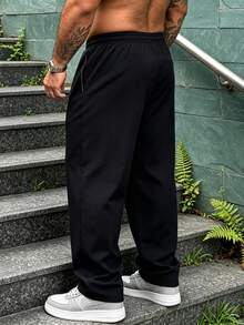 1pc Men's Plus Size Summer Casual Pants, Elastic Drawstring Waist, Straight Leg With Zipper Pockets, Suitable For Daily And Outdoor Wear - Black - View 2