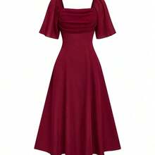 Nuevo vestido elegante con cuello cuadrado, frente plisado, espalda descubierta y cintura ceñida de gasa para mujeres - Burdeos - Ver 6