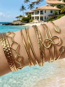 6pcs Simple Fashion Old Money Style Geometric Pattern Infinity Symbol Bangle Set For Women & Couples, Vacation, Date, Gift, Daily Casual, Party, Wedding - Yellow Gold - View 5